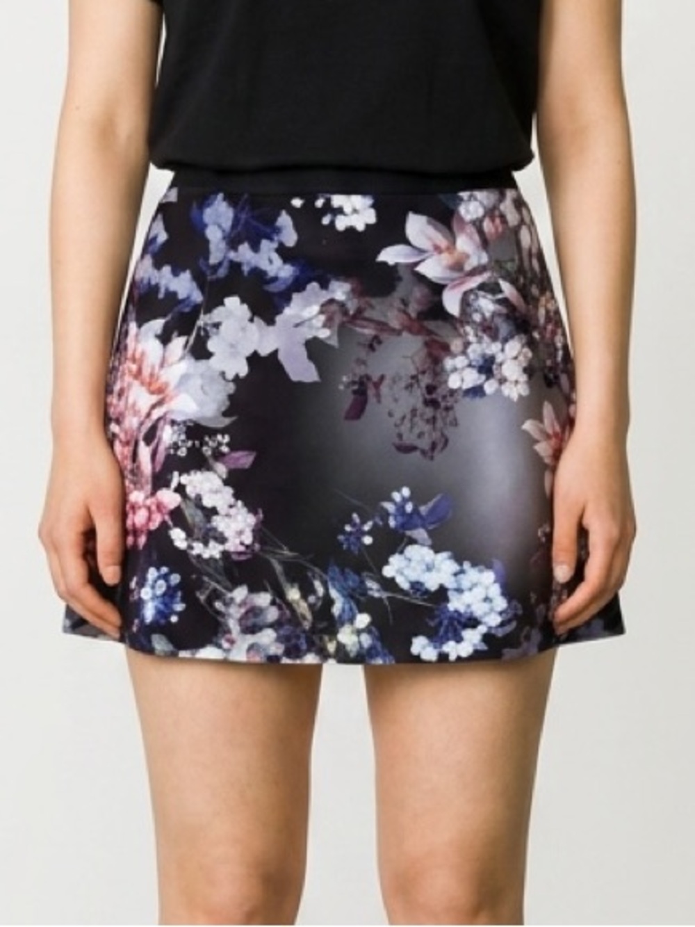 Topshop Floral Circle Skater Mini Skirt in Black with Pink & Blue Blooms Size 8